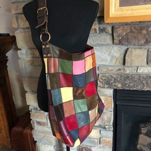 Gorgeous VINTAGE LUCKY BRAND BOHO LEATHER Tote Bag with patchwork leather blocks